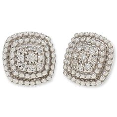 Colleen Lopez 1/4ctw White Diamond Cushion Stud Earrings  Polished sterling silver beads boost the sparkling reflection from clusters of glittering white diamonds, giving these cushion-shaped stud earrings the luxe, high-end look you love.       Approx. 7/16"L x 7/16"W     Stamped .925; rhodium plating     Pierced with clutch backs     Cushion-shaped stud earrings have clusters of round, white diamonds pavé-set in center     Diamonds framed in two rows of beaded silver   Stone Information       All sizes and weights approximate     Total Carat Weight: 1/4ctw; diamond weight is not exact, and the range of weight is 0.23 to 0.29ctw     White Diamond - Round; Color - H-I; Clarity - I2 Silver Cluster Earrings With Diamond Accents, Sparkling Diamond Cluster Earrings In Diamond White, Diamond White Sparkling Cluster Earrings, Sparkling Diamond White Cluster Earrings, Silver Cluster Cubic Zirconia Diamond Earrings, Silver Cluster Sterling Silver Diamond Earrings, Sparkling White Gold Cluster Earrings, Silver Cluster Diamond Cut Earrings, Classic Cluster Jewelry With Sparkling Detail