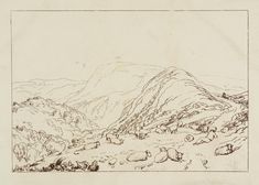 a drawing of sheep grazing on the side of a mountain