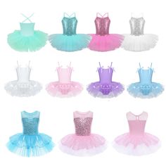 various styles of girls ballet leotards and tutues with sequins