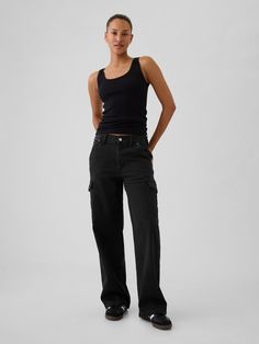 Fit: A full-length loose jean that's fitted on the waist & relaxed all the way down.  Fabric: 99% Organic Cotton, 1% Stretch.  Stretch: Low Stretch Jeans.  Authentic denim with a soft & easy lived-in feel. ​ Rise: Mid Rise Jeans.  Look: A five-pocket jean in a black wash.  Details: Zip fly, five-pocket styling & cargo pockets at sides.  Responsibly Made: This pair of denim is part of our water-saving Washwell program.  Compared with conventional wash methods, Washwell uses at least 20% less water and has saved over a billion liters of water since 2016.  Our Mid Rise Jean has a 10" 25 cm) rise. ​ Relaxed through the hip & thigh.  Loose, straight leg.  Full-length jean.  Hits below the ankle. ​ 17" 43 cm) leg opening.   ​ Inseam: Petite 27. 5" 67. 5 cm), Short 28. 5" 72 cm), Regular 30" 76 c Solid Black Jeans, Black Jeans Cheap, High Rise Relaxed Fit Washed Black Cargo Jeans, Cheap Dark Wash Jeans With Side Pockets, Black Mid-rise Grunge Cargo Jeans, High Rise Straight Black Jeans, Washed Black Mid-rise Cargo Jeans, Walmart Black Jeans, Mid-rise Washed Black Denim Cargo Pants