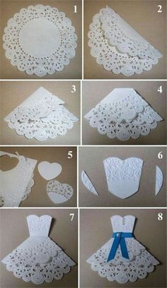 the instructions to make a paper dress with lace on it and blue ribbon around the neck