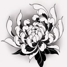 a black and white drawing of a flower with leaves on the petals is shown in this image