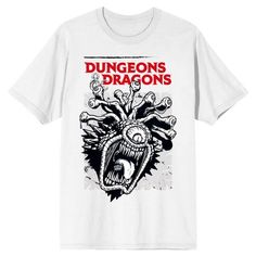 Head to the next game in style! This cool and comfortable t-shirt features awesome original artwork of a Beholder monster from the iconic Dungeons & Dragons card game. This colorful shirt is made of soft premium cotton, and is professionally printed to ensure long-lasting color and print quality. It can be machine washed in cold water with like colors, and tumble dried on low for easy and convenient care. The Dungeons & Dragons Beholder Men’s White T-Shirt is a fun addition to your wardrobe and White Tshirt Men, Mens Graphic T, Black Long Sleeve Shirt, Cut Shirts, Mens Graphic Tee, White Tshirt, Black Long Sleeve, Men Short Sleeve, Dungeons And Dragons