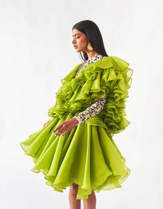 Hand Embroidered Ruffle Dress | NOT JUST A LABEL Silhouette Fashion, Cool Silhouettes, Art To Wear, Back Neck, Green Art, Silk Organza, Hot Dress, Ruffle Dress, African Fashion