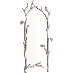 a mirror with branches and birds on it in the shape of a frame, against a white background