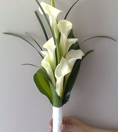 a person holding a bouquet of white flowers in their left hand, with green stems