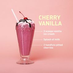 a pink smoothie with whipped cream and cherries