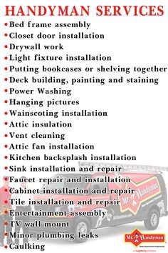 the handyman services flyer is shown with an image of a truck and other items