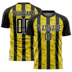 a yellow and black striped soccer jersey with the name team name 00 printed on it