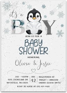 a penguin baby shower is shown with snowflakes