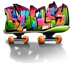 a skateboard with the word graffiti painted on it's back end and wheels