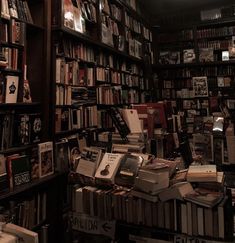 a bookshelf filled with lots of books in a dark room