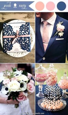 a collage of photos with different colors and designs on the theme of pink, navy, and white