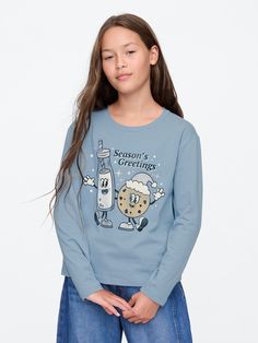 Soft cotton graphic T-shirt.  Crewneck.  Long sleeves.  Assorted graphics at front.  Fit: Relaxed.  A straight & easy fit.  For a Classic fit, go down one Brand Collaboration, Gap Kids, Pesticides, Seasons Greetings, Toddler Gifts, Soft Knits, Girls Tshirts, New England, Graphic T Shirt