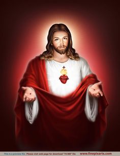 jesus holding his hands out with the light shining on him, and wearing a red robe