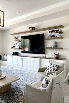 a living room filled with furniture and a flat screen tv mounted on a wall above a fireplace