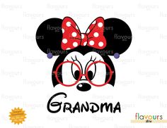 minnie mouse with red glasses and polka dots on her head, the word grandma is in black