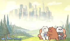 three cartoon bears sitting together in front of a city