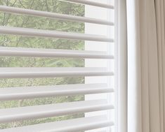 a window with white blinds in front of trees