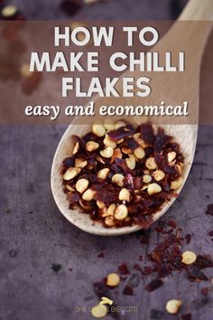 a wooden spoon filled with food on top of a purple countertop and text overlay reads how to make chili flakes easy and economic