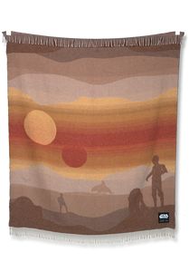 a tapestry hanging from the side of a wall with two people on it and an orange sunset in the background