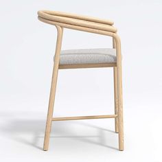 a wooden chair with grey fabric seat and backrest, viewed from the front on an isolated white background