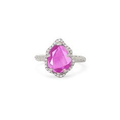 14k gold and pear shaped pink sapphire surrounded by .15 carats of hand-set sprinkled white diamonds. Logan Hollowell, Baby Queen, Pink Sapphire Ring, Ruby Sapphire, Hand Chain, Water Drop, White Diamonds, Pink Sapphire, Rose Cut