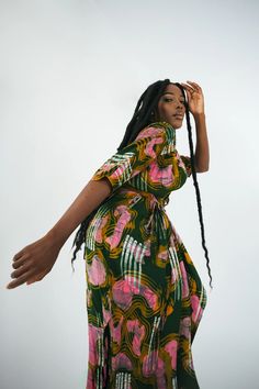 Letsa Wrap Dress in Waters • Osei – Duro Fall Editorial, Squiggly Lines, Osei Duro, Tie Wrap, White Leggings, Batwing Sleeve, Bat Wings, African Print, Waist Tie