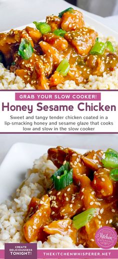 the recipe for honey sesame chicken is shown on top of rice and garnished with green