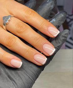 French Tip Gel Nails Squoval, Short Narrow Nails, Short French Tip Polygel Nails, Builder Gel Nails French Tip, Squavol French Tip Nails, Small French Tips Nails, Gel Overlay Nails Natural Short French Tip, Milky French Manicure Gel, Shorts French Tip Nails