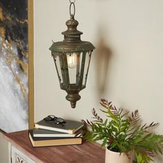 a lamp hanging from the side of a table next to a potted plant and books