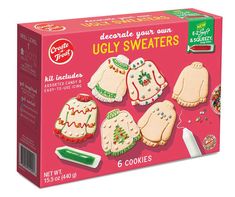 Going to an ugly sweater party? Bring along this great gift! Have fun decorating your own ugly sweater-shaped cookies with the assorted candies and easy-to-use icing included in this set. Sweater Christmas Cookies, Diy Gingerbread Cookies, Ugly Christmas Sweater Cookies, Ugly Sweater Cookie, Cookie Kits, Snowflake Swirl, Cookie Contest, Best Ugly Christmas Sweater, Gingerbread House Kits