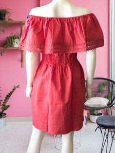 "Lace trim Off the shoulder elastic waist Mexican dress with beautiful floral embroidery. Made out of manta, 100% Cotton. Size- Medium Color- coral/ multi-colored embroidery Dimensions: Bust- 44\" Hips- 48\" Waist- Elastic Length- 34\" 🧵Made in Chiapas, Mexico. 🧺Care Instructions: We recommend hand washing, lay flat to dry. 📲Please feel free to message me with any questions regarding sizing and fit. 📷Additional photos can be provided upon request. 👗Always allow a little room and consider yo Fiesta Dress, Sunflower Dress, Mexican Dress, Mexican Dresses, Color Coral, Peasant Dress, Graduation Pictures, Embroidered Dress, Floral Embroidery