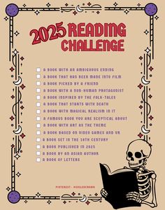 a skeleton reading a book with the text reading challenge on it's back cover