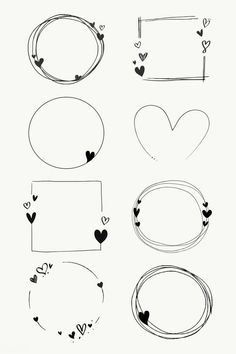 various frames and hearts drawn in black ink