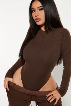 Available In Black, White, Nude And Burgundy Quarter Zip Thong Bottom Final Sale 95% Polyester 5% Spandex Imported | Grind Time Beyond Long Sleeve Bodysuit in Chocolate Brown size Medium by Fashion Nova Grind Time, Chocolate Fashion, Fashion Nova Outfits, Fashion Nova Models, Bodysuit Fashion, Hottie Women, Fashion Nova Jeans, Curvy Girl Outfits, Curvy Girl Fashion