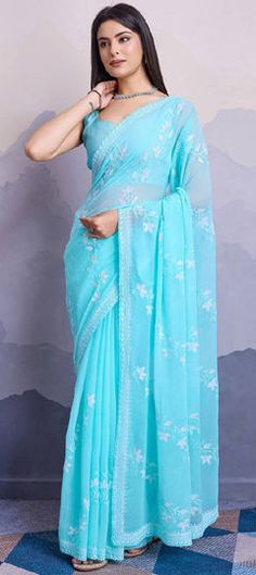 Blue color Saree in Chiffon fabric with Embroidered, Sequence work Blue Georgette Saree With Floral Embroidery, Blue Color Saree, Party Wear Traditional, Sequins Saree, Engagement Reception, Reception Lehenga, Sequence Work, Traditional Sarees, Party Wear Sarees