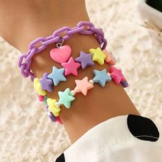 Colorful Heart Star Bracelet This kawaii Colorful Heart Star Bracelet is the perfect accessory to add a touch of whimsy to your outfit. Featuring a charming combination of hearts and stars, it will add a pop of color to your look. With its unique design, it's sure to make a statement and bring joy to your day. Length: 17cm/ 6.7 in; 18.4cm/ 7.2 in; 19cm/ 7.5 in; Pink Heart Pendant, Pastel Bracelet, Acrylic Bracelet, Bracelet Pack, Bracelets Design, Girls Handmade, Star Bracelet, Colour Star, Cute Bracelets