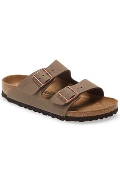 Birkenstock Arizona Birko-Flor Slide Sandal (Women) | Nordstrom Brown Cork Slides With Round Toe, Casual Slides With Buckle Closure Made Of Cork, Brown Slip-on Cork Footbed Sandals, Casual Cork Footbed Sandals With Branded Insole, Brown Cork Footbed Slip-on Sandals, Brown Cork Slip-on Footbed Sandals, Brown Slides With Cork-bed Midsoles And Single Toe Strap, Brown Cork Open Toe Slides, Brown Double Strap Textured Footbed Sandals