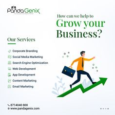 a man walking up a green arrow with the words how can we help to grow your business?