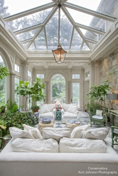 a living room filled with lots of furniture and plants on top of a white couch