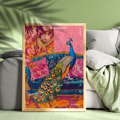 a peacock sitting on top of a blue couch next to pillows and throw pillow covers