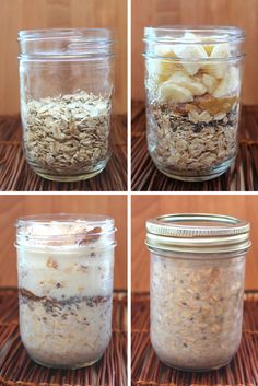 four different jars filled with oatmeal and other things to eat in them