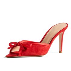 Shop Red Party Heels Slide Sandals Summer Stiletto Mules with Bow color Red for Anniversary, Music Festival, Night Club, Party, Wedding, Work with worldwide Free shipping & Free return. Sandals 2022, Christmas Shoes, Handmade Sandals, Red Party, Party Heels, Suede Mules, Bow Heels, Women's Mules, Red Heels