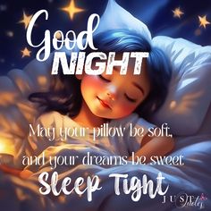 a child sleeping in bed with the words good night