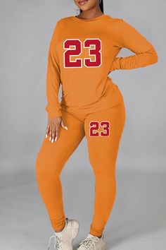 Orange Casual Print Patchwork O Neck Long Sleeve Two Pieces Sporty Loungewear, Matching Tracksuit, Trendy Logos, Activewear Fashion, Activewear Sets, Athleisure Fashion, Athleisure Outfits, Tracksuit Women