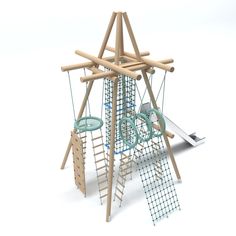 a wooden swing set with swings and ladders on the bottom level, against a white background