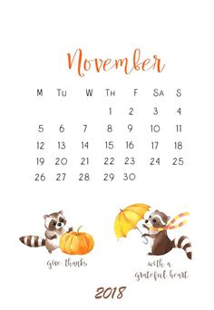 a calendar with two raccoons holding umbrellas and the words november written on it