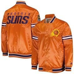 This Slider full-snap Varsity jacket is the perfect game day layer. Its bold Phoenix Suns design with vibrant graphics and a satin finish makes for a spirited look. A cozy midweight construction keeps you warm and snug. Officially licensed Long sleeve Imported Embroidered fabric applique Machine wash, tumble dry low One interior zippered pocket Full-button front Sewn-on stripes Midweight jacket suitable for moderate temperatures Material: 100% Polyester Rib-knit collar, cuffs and waistband with Sun Designs, Fabric Applique, Perfect Game, Phoenix Suns, Embroidered Fabric, Womens Size Chart, Jackets Online, Mens Outerwear, Short Jacket