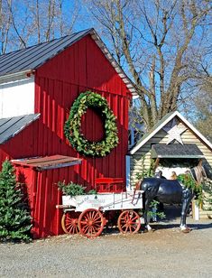 a horse drawn carriage next to a red barn with wreaths on it's side